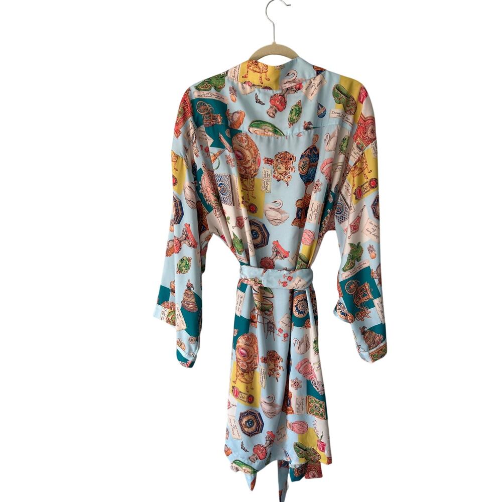 Lyre Bird Light Blue Printed Satin Robe Extra Small - Picture 2 of 6